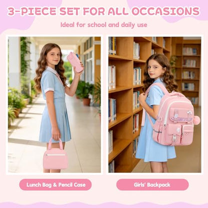 MUSEVOS Girls Backpack, Kids Backpack for Girls, School Bookbag for Teens Age 6-15, Large Capacity Water Resistant Backpack for Elementary to High School, Cute Travel Daypack, Pink 3pcs - color: Pink-3pcs