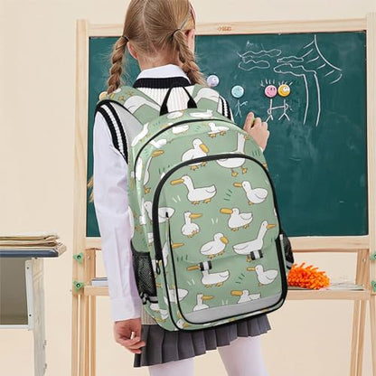 Cartoon Duck Pattern Green Backpack Girls Boys Elementary School Bags Bookbags Laptop Backpack Travel Daypack Safe Reflective Stripes