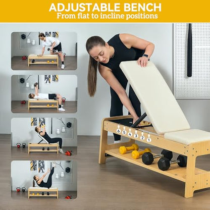 Soozier Adjustable Weight Bench with Dumbbell Rack, Wooden Workout Bench, Flat or Incline Bench for Home Gym Weight Lifting Training - color: White