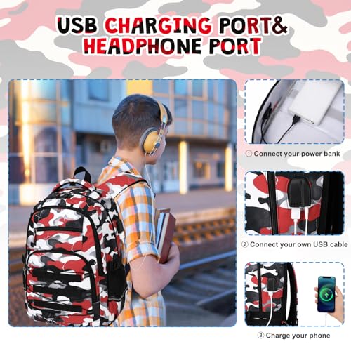 ACESAK Camo Backpack for Boys, Tactical Kids Backpack Boys, School Bags for Boy Children Teens Kids Elementary Middle High School, Military Bookbag and Lunch Bag Pencil Case Set with USB Charging Port - color: Red White