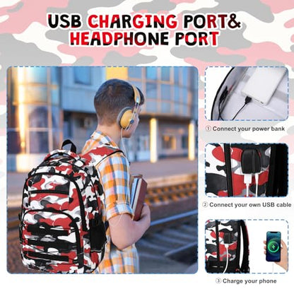 ACESAK Camo Backpack for Boys, Tactical Kids Backpack Boys, School Bags for Boy Children Teens Kids Elementary Middle High School, Military Bookbag and Lunch Bag Pencil Case Set with USB Charging Port - color: Red White