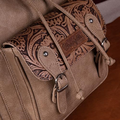 Montana West Wrangler Backpack Purse for Women Men Western Backpack Floral Tooled Travel Bags - color: Carve Khaki