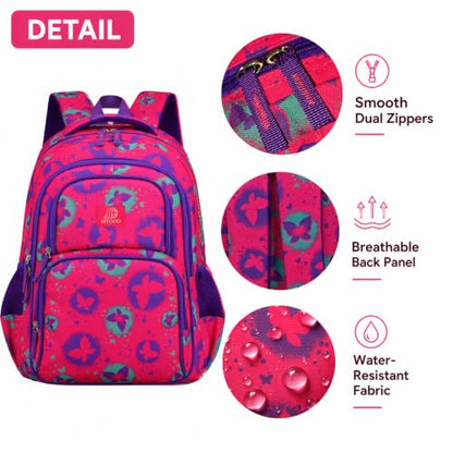 MYGOO Girls School Backpack Campus Butterfly Magenta Bookbag for Elementary Middle School Ages 5-12, 17 inch Large Capacity 24L Kids Student Travel Bags - color: Campus Butterfly Magenta