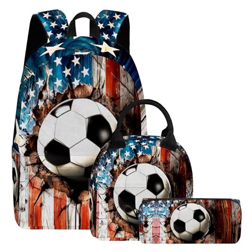 3PCS Backpack for Girls Boys,Teens Flag Soccer Back to School Backpack with Lunch Box Pencil Case, 17 Inch Lightweight Students Backpack 3 in 1 Set for Elementary Middle High School - color: American Flag Soccer