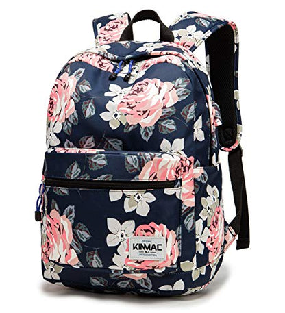 Kinmac Waterproof Laptop Travel Outdoor Backpack with USB Charging Port for 13 inch 14 inch and 15.6 inch Laptop（White Rose） - color: Pink Rose