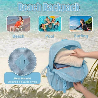 Mesh Backpack for Girls Boys, Heavy Duty Semi-Transparent Mesh Bookbag Womens Mens Mesh Backpacks for School, Sports, Beach, Swimming, Travel - Baby Blue - color: Baby Blue