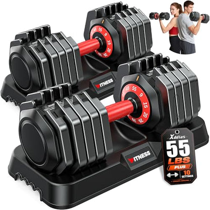 XDDIAS Adjustable Dumbbells Set of 2 for Strength Training, One-Hand Quick Adjust, 25/55/80/90 lbs Options, Anti-Slip Grip Handle, Compact Home Gym Weights for Men Women - color: Plus 10-Level 55LB Pair