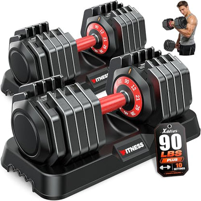XDDIAS Adjustable Dumbbells Set of 2 for Strength Training, One-Hand Quick Adjust, 25/55/80/90 lbs Options, Anti-Slip Grip Handle, Compact Home Gym Weights for Men Women - color: Plus 10-Level 90LB Pair