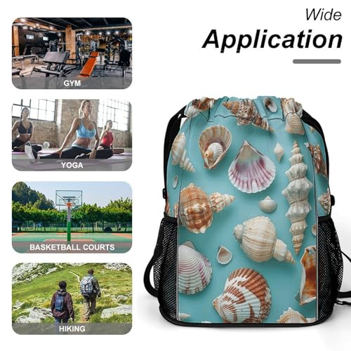 Drawstring Gym Backpack with Shoe Compartment And Wet Pocket, 28L Lightweight Waterproof Various Shell Patterns Sports Backpack for Workout Swim Beach Travel String Bag for Men Women