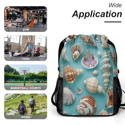 Drawstring Gym Backpack with Shoe Compartment And Wet Pocket, 28L Lightweight Waterproof Various Shell Patterns Sports Backpack for Workout Swim Beach Travel String Bag for Men Women