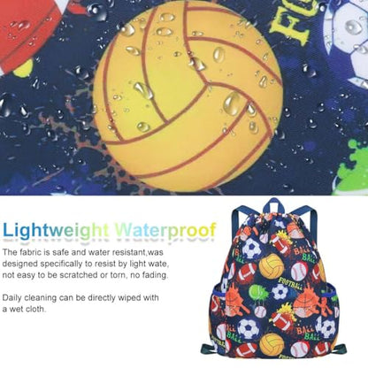 RHCPFOVR Drawstring Backpack for Kids - Football Bags for Girls Mini Gym Dance Beach Swim Travel Bag With Two Water Bottle Holder - color: Football