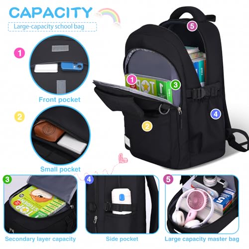 PRAGARI Kids School Backpack for Teens Girls Aesthetic Black Backpack Lightweight College Laptop Casual Travel Bookbag - color: Black