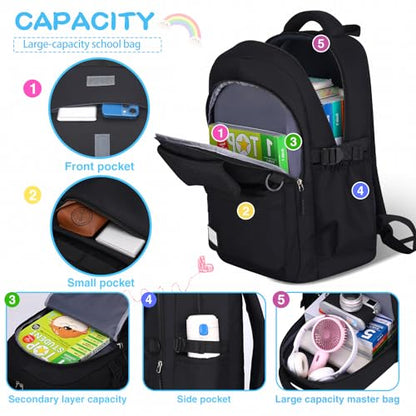 PRAGARI Kids School Backpack for Teens Girls Aesthetic Black Backpack Lightweight College Laptop Casual Travel Bookbag - color: Black