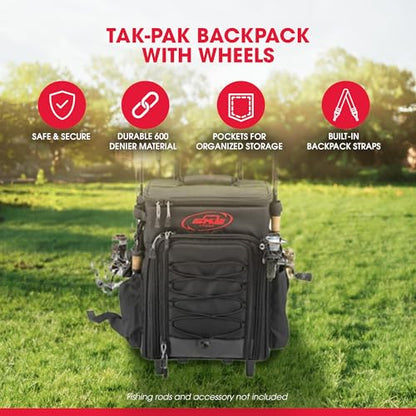 SKB Tak-Pak Backpack with Wheels, Removable Straps, and Retractable Pull Handle, Rolling Tackle Box with 4 Drawers and 5 Exterior Pockets, Black