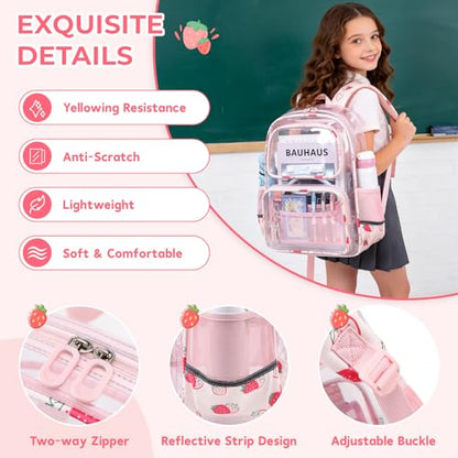 Sisipoet Clear Backpack for Girls with Strawberry Print, Heavy Duty Transparent Bookbag for School, Stadium, and Concert, Pink - color: Pink/Strawberry