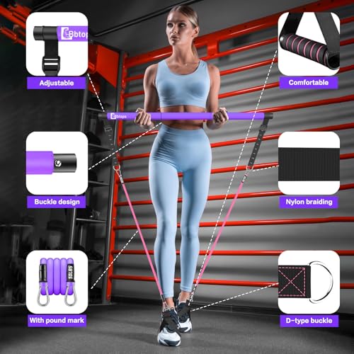 Bbtops Pilates Bar Kit with Resistance Bands,Pilates Bar with Stackable Bands Workout Equipment for Legs,Hip,Waist and Arm,Exercise Fitness Equipment for Women & Men Home Gym Yoga Pilates - color: Hot Purple
