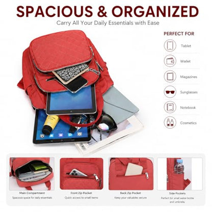 Small Backpack for Women Casual Quilted Square Bag Waterproof Multi Pockets Daypack Lightweight Top Handle Satchel - color: Orange Red