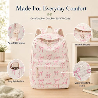 Bluboon School Backpack for Teen Girls Women Laptop Backpack College Bookbags Middle School Travel Work Commuter Back Pack - color: Beige Base Pink Bow & Heart