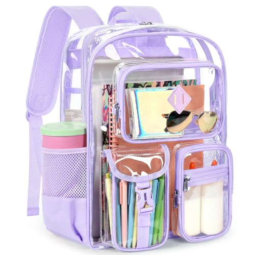ZORFIN 18.5 Inch Clear Backpack, Large Transparent Bookbag with Reinforced Straps for School College Work - color: Purple, size: X-Large