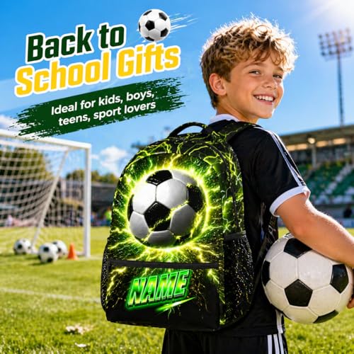 Personalized Kids School Backpack, Soccer Back Pack for Boys Teens Team Players - 17 Inch Large Capacity Sport Theme Bookbag for Primary - color: Green
