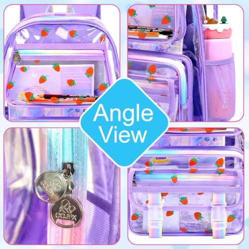 KLFVB Clear Bookbag Heavy Duty, 3PCS Girls See Through School Bag Set, Cute Transparent Backpack for Women - Strawberry Purple - color: Strawberry Purple Clear Backpack