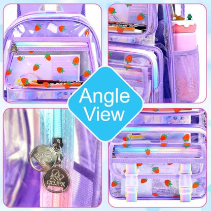 KLFVB Clear Bookbag Heavy Duty, 3PCS Girls See Through School Bag Set, Cute Transparent Backpack for Women - Strawberry Purple - color: Strawberry Purple Clear Backpack