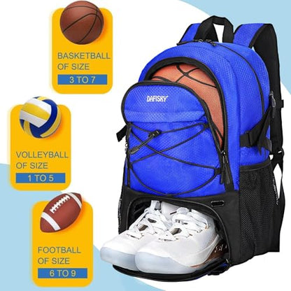 DAFISKY Basketball Backpack Sports Bag | Basketball Bag with Shoe Compartment and Ball Holder, 30L Large gym bag for boys girls - color: Blue
