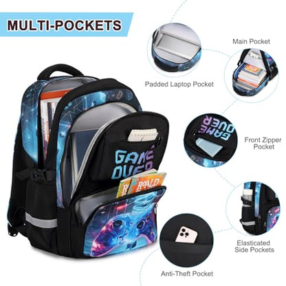 3PCS School Backpack for Boys, Cool Gamer Boys Backpack with Lunch Box and Pencil Case for Kids Kindergarten Teens Elementary Middle School Bag with Convenient Charging Port,Gaming Bookbag Waterproof - color: Sci-fi Realism