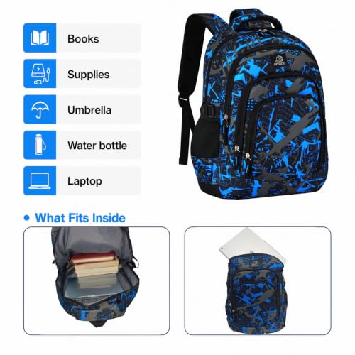 MYGOO Boys School Backpack Archibald Camo Blue Bookbag for Elementary Middle School Ages 5-12, 17 inch Large Capacity 24L Kids Student Travel Bags - color: Archibald Camo Blue