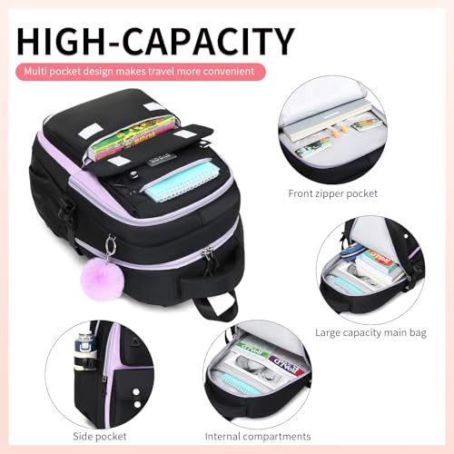 CYOQX School Backpack for Girls Cute Backpack Elementary Middle School High School Teenage Girls Schoolbag (Black Purple) - color: Black Purple