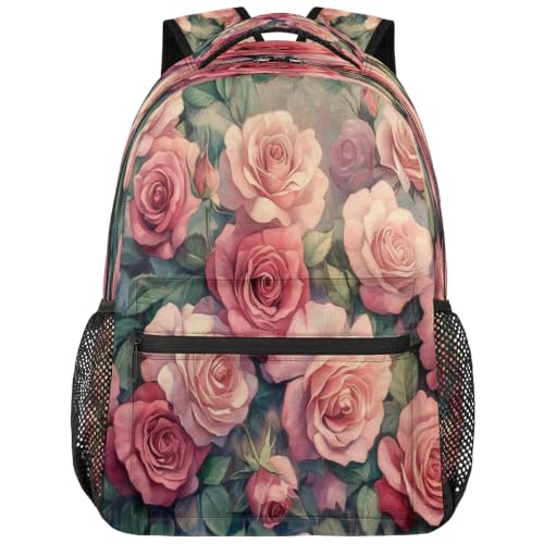 Retro Pink Rose Womens Travel Backpack | 15.6 Inch Laptop Backpack, Lightweight Casual Daypack, Water Resistant, Cute Work Backpacks, Large Capacity - color: Multicolor4