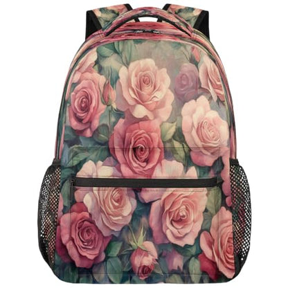 Retro Pink Rose Womens Travel Backpack | 15.6 Inch Laptop Backpack, Lightweight Casual Daypack, Water Resistant, Cute Work Backpacks, Large Capacity - color: Multicolor4
