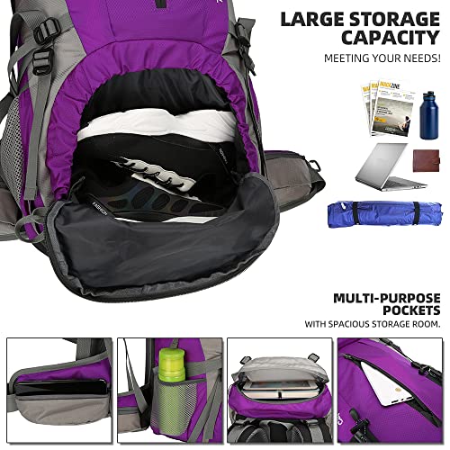 King'sGuard 70L Hiking Backpack with Rain Cover Lightweight Waterproof Travel Camping Backpack Large Backpacking Pack - color: Purple