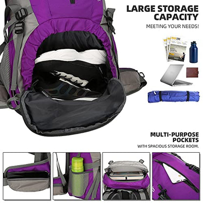King'sGuard 70L Hiking Backpack with Rain Cover Lightweight Waterproof Travel Camping Backpack Large Backpacking Pack - color: Purple