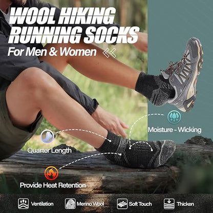 ANTSANG 6 Pairs Merino Wool Quarter Ankle Hiking Running Socks Compression Thermal Thick Cushion Socks for Women Men - color: Black Series, size: Large