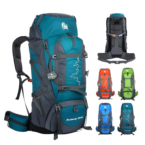 80L Hiking Backpack,Waterproof Lightweight Trekking Bag with Air Cushion Straps, Suitable for People Who are 5 feet 5 inches or taller for Mountaineering/Camping/Travel (lake blue,80L) - color: Lake Blue