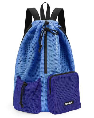 WANDF Swim Bag for Swimmers, Mesh Beach Backpack - color: Blue With 2 Front Pockets, size: Large