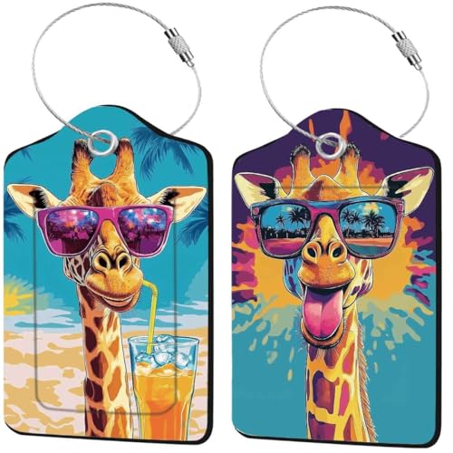 2 Pack Colorful Giraffe Luggage Tags for Suitcase, Leather Luggage Tags Cute, Privacy Cover ID Label with Stainless Steel Loop & Address Card, Giraffe Travel Bag Tag Luggages Accessories for Suitcases - color: Colorful-giraffe