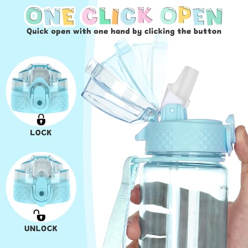 OLDLEY 17oz Kids Water Bottle, Tritan BPA-Free, Leakproof Flip Straw Lid, Motivational Time Marker, Carry Strap, Reusable Clear Water Bottle for Boys & Girls,Cerulean - color: Cerulean, style: 17 Ounces