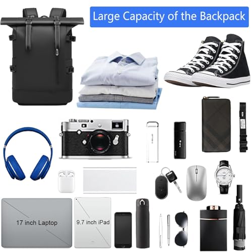 Travel Roll Top Backpack with Shoe Compartment, 17 inch Laptop Compatible, for Business, Hiking, Mountaineering, Large Capacity - color: Black Upgraded Version