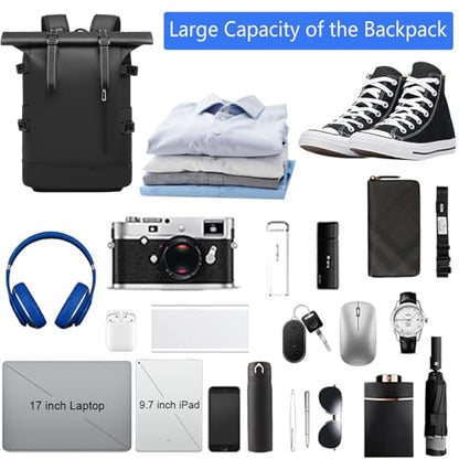 Travel Roll Top Backpack with Shoe Compartment, 17 inch Laptop Compatible, for Business, Hiking, Mountaineering, Large Capacity - color: Black Upgraded Version