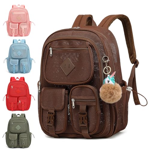 Mesh Backpack for Girls Boys, Heavy Duty Semi-Transparent Mesh Bookbag Womens Mens Mesh Backpacks for School, Sports, Beach, Swimming, Travel - Coffice - color: Coffice