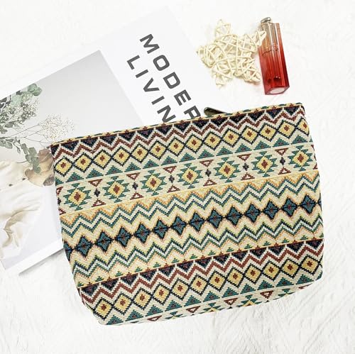 getgto 2 Pcs Makeup Bags, Large Cosmetic Bag Travel Toiletry Bag Organizer for Women, Embroidery Craft, Stripe Makeup Bag Small Cosmetic Pouch Purse with Zipper Gifts for Girls Teen - color: Brown wave