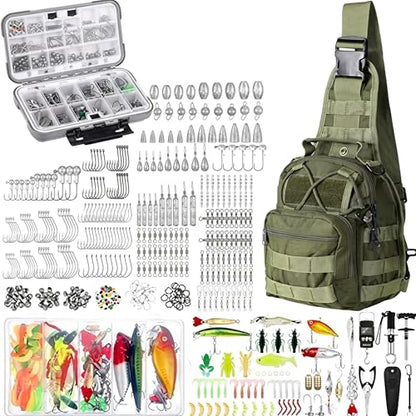 Sosation 482 Pcs Fishing Sling Tackle Bag Set Fish Tackle Box Backpack Storage Fishing Gear and Equipment Included Fish Hook Remover Tool Lures Lip Gripper, Gift for Men - color: Military Green
