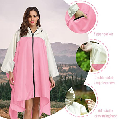 SaphiRose Unisex Rain Poncho Waterproof Raincoat Hooded for Adults Women with Pockets - color: A-pink-white