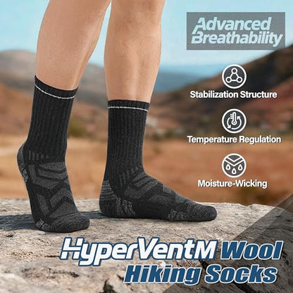 ANTSANG Merino Wool Hiking Socks, Enhanced Breathability, Targeted Cushion Thermal Socks for Men and Women, 5 Pairs - color: Black, size: Large