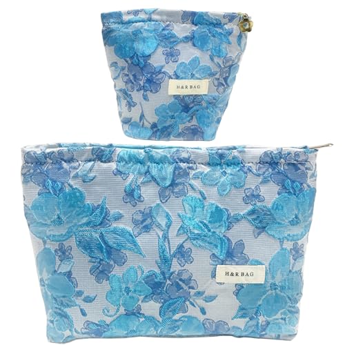 getgto 2 Pcs Makeup Bags, Large Cosmetic Bag Travel Toiletry Bag Organizer for Women, Embroidery Craft, Floral Makeup Bag Small Cosmetic Pouch Purse with Zipper Gifts for Girls Teen - color: Blue