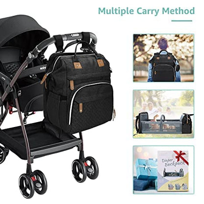 DERJUNSTAR Baby Diaper Bag Backpack with Changing Station, Large Capacity Baby Diaper Bags for Boys Girls, Waterproof Changing Pad, USB Charging Port, Pacifier Case, Sunshade and Toy Bar - color: Diamond Black