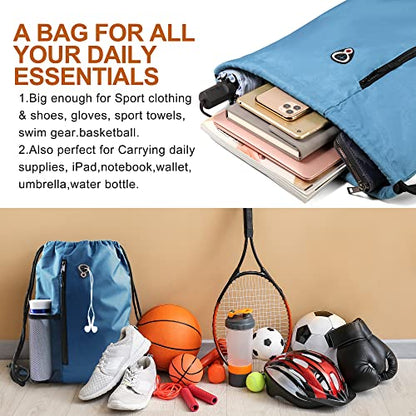 BeeGreen Blue Drawstrings Backpack Gym Sack For Men With Water Bottle Pocket &Front Zippered Pocket Large Sting Bags For WomenTraveling Yoga Beach Outdoor Gym - color: Blue Haze, style: Drawstring With Mesh Pocket