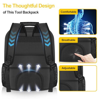 18Inch Electrician Tool Backpack with USB Port,Waterproof HVAC Tool Bag Backpack for Men,Heavy Duty Technician Backpack with 23 Pockets and S-shaped Shoulder Straps,Black & Yellow